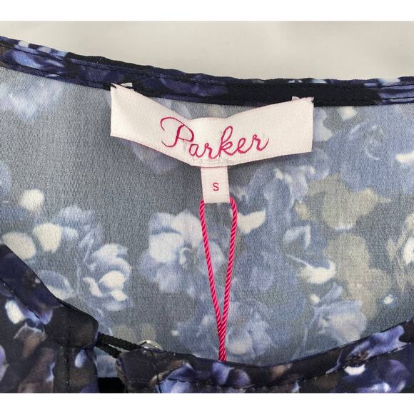 Parker Floral Dress Fit & Flare Faux Wrap Mini Dark Bluebonnet NEW Womens Small - Picture 6 of 8